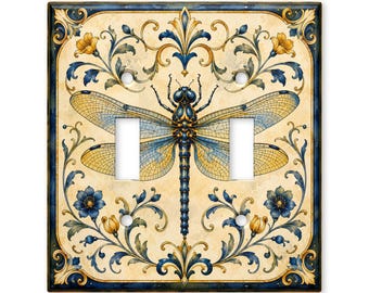 Blue Dragonfly Switch Plate Cover, Art Nouveau Dragonfly Light Switch Cover, Vintage Floral Wall Plate, Botanical Home Decor