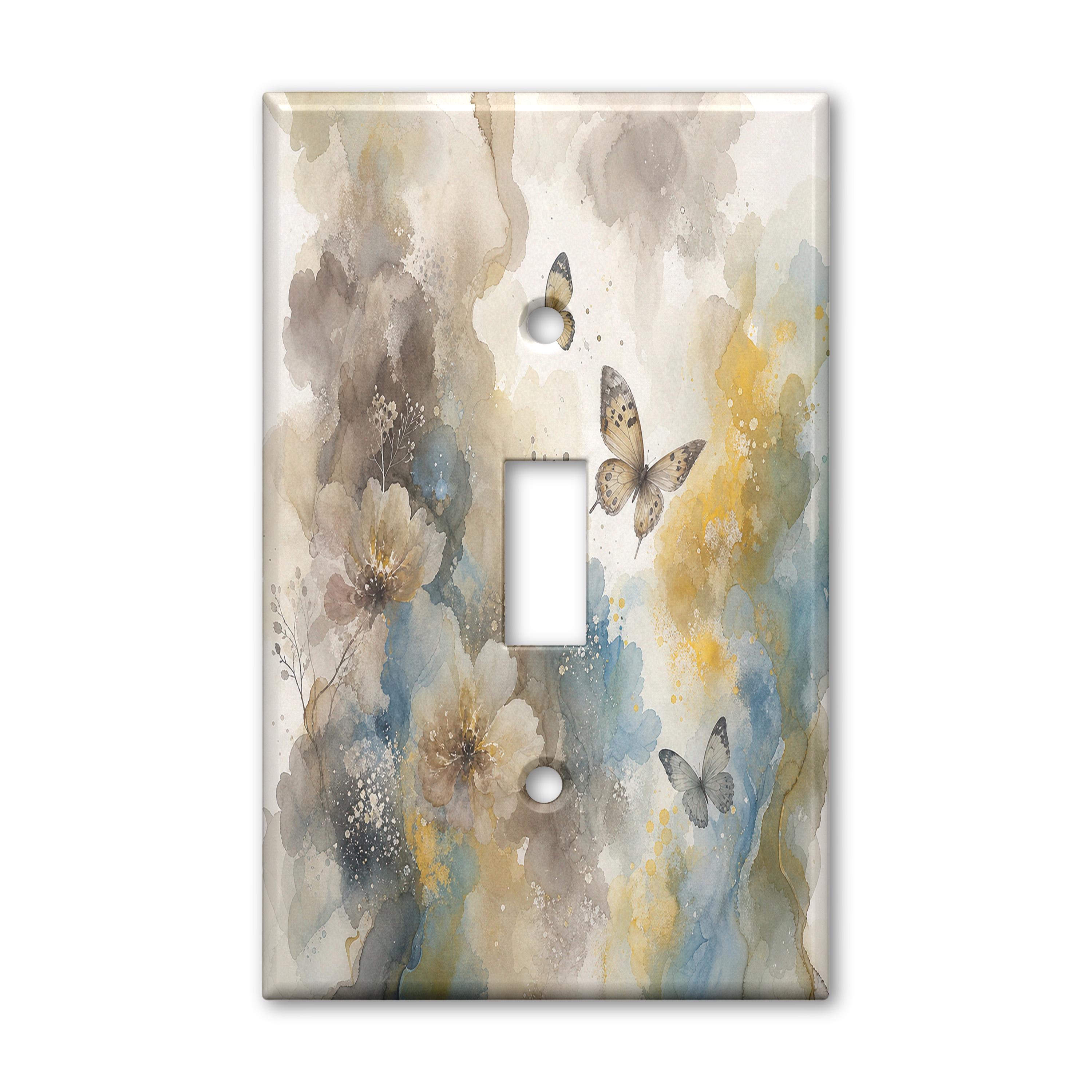 Gray Blue Watercolor Flowers Butterflies Decorative Light Switch Plate Cover for