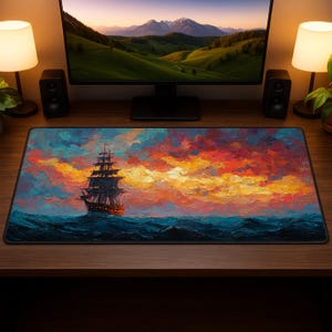 Op de afbeelding: Een rechthoekige bureaumat met een olieverfschilderij van een groot schip dat op een golvende zee vaart onder een levendige zonsonderganghemel. Het kleurenpalet omvat tinten blauw, oranje en geel.