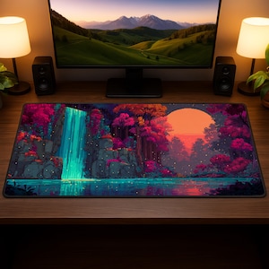 Könnte beinhalten: Rechteckige Schreibtischunterlage mit einer pixeligen Landschaft, die einen Wasserfall, Bäume und einen Sonnenuntergang zeigt. Die Farbpalette umfasst Türkis-, Rosa-, Orange- und Lilatöne. Die Unterlage liegt auf einem Holzschreibtisch.