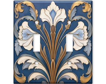 Art Nouveau Light Switch Cover, Blue Gold Floral Switch Plate, Elegant Vintage Wall Plate, Luxury Home Decor