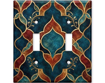 Moroccan Geometric Light Switch Cover, Blue Gold Tile Pattern Switch Plate, Mediterranean Boho Wall Plate Home Decor