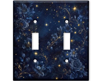 Midnight Floral Celestial Light Switch Cover, Navy Blue Starry Botanical Switch Plate, Cottagecore Night Sky Wall Decor