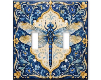 Blue Dragonfly Switch Plate Cover, Art Nouveau Dragonfly Light Switch Cover, Vintage Floral Wall Plate, Botanical Home Decor