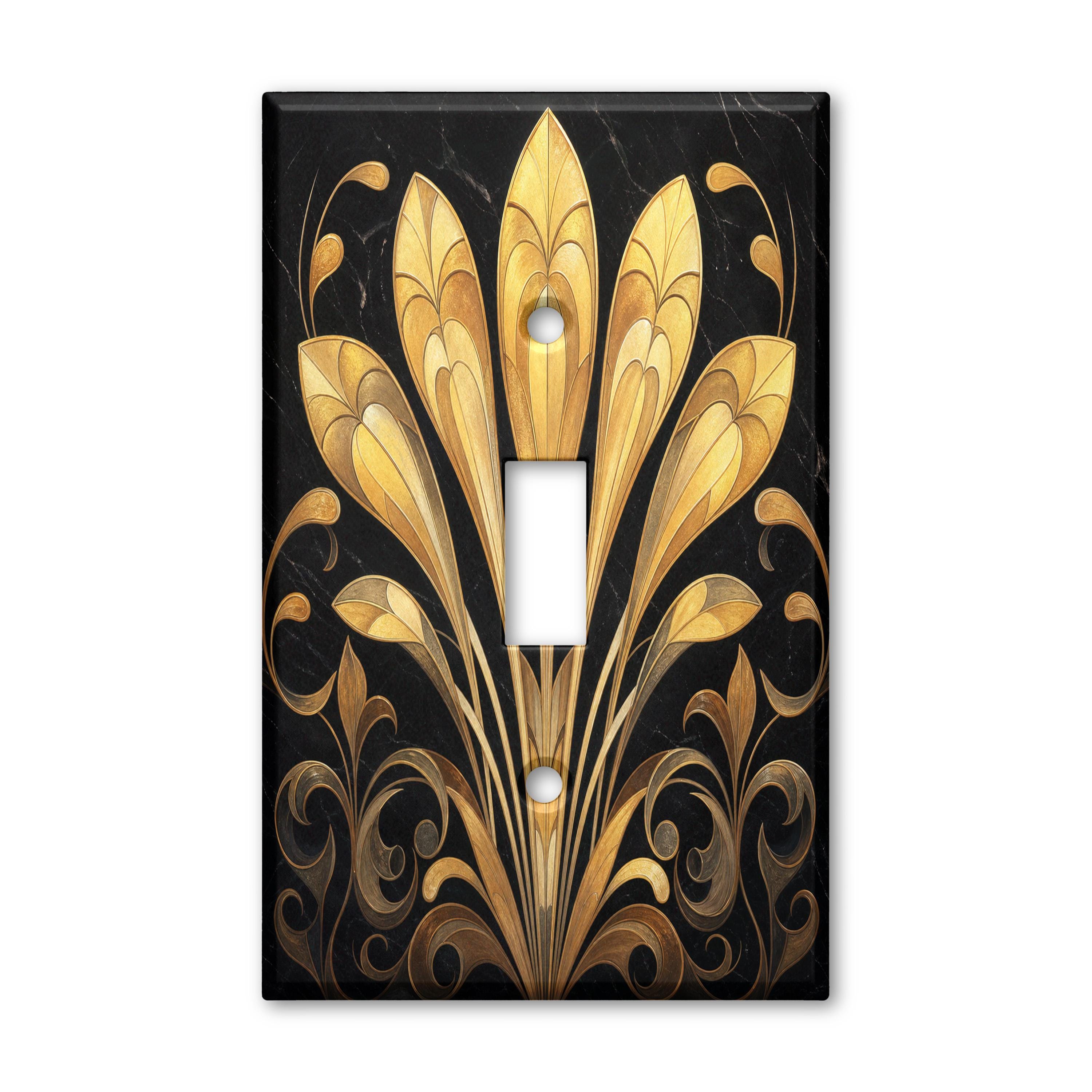 Black Gold Leaf Fan Light Switch Plate Cover Botanical Toggle Outlet GFCI Wall