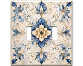 Blue Floral Medallion Switch Plate Cover, Elegant Botanical Light Switch Cover, Watercolor Wall Plate, Cottagecore Home Decor