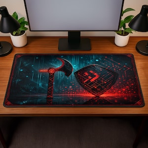 May include: A rectangular desk mat featuring a digital graphic of a red glowing axe and a shield with a red geometric symbol against a dark blue and black background with a grid pattern and red light particles throughout the design.