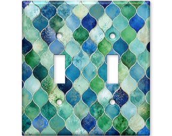 Blue Green Moroccan Tile Light Switch Cover, Watercolor Arabesque Switch Plate Cover, Coastal Wall Plate, Mediterranean Home Decor