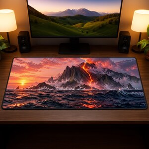 Volcanic Island Ocean Sunset Desk Mat Mouse Pad with Glowing Lava Mountains and Dramatic Red Sky