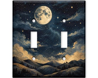 Moonlit Mountain Landscape Light Switch Cover, Full Moon Night Sky Switch Plate Cover, Celestial Wall Plate, Rustic Cabin Decor