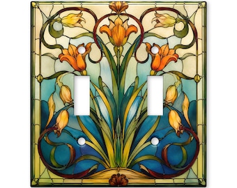 Art Nouveau Stained Glass Light Switch Cover, Orange Lily Switch Plate, Tiffany Style Floral Wall Plate, Vintage Home Decor