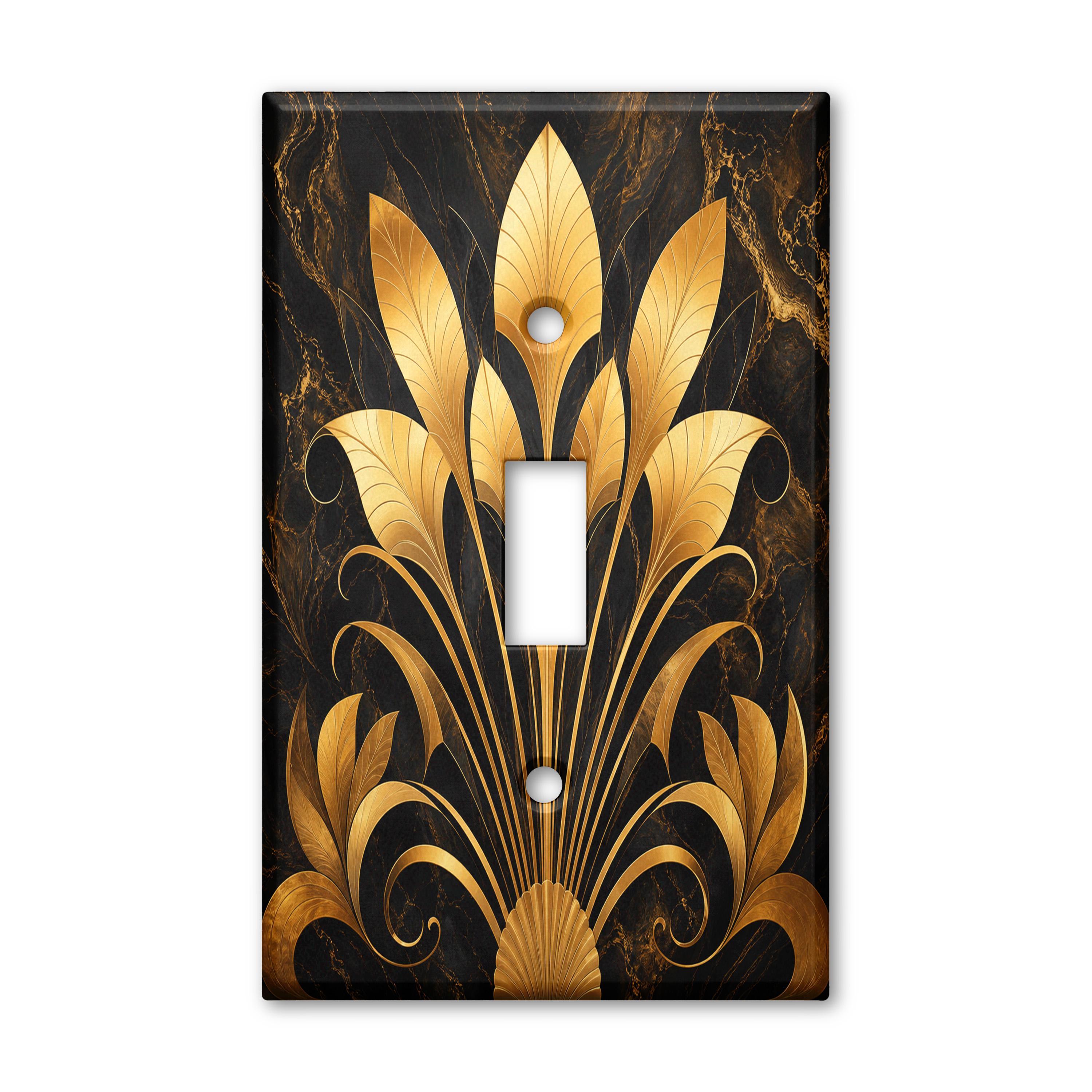Black Gold Marble Leaf Fan Light Switch Plate Cover Botanical Toggle Outlet Wall