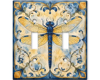 Blue Dragonfly Switch Plate Cover, Art Nouveau Light Switch Cover, Vintage Botanical Wall Plate, Cottagecore Home Decor