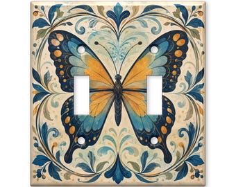 Blue Gold Butterfly Switch Plate Cover, Vintage Botanical Light Switch Cover, Cottagecore Butterfly Wall Plate, Elegant Nature Decor