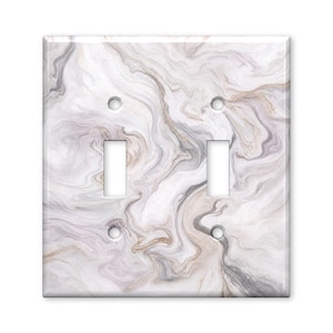 May include: A double toggle light switch wall plate featuring a white, gray, and tan marbled pattern with swirling liquid-like veins. The rectangular cover has two vertical rectangular cutouts for switches and four circular screw holes.