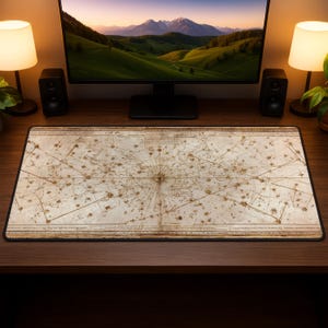 May include: A rectangular desk mat featuring a vintage map design in shades of beige and brown. The map has intricate lines and star-like details, with a dark border. The mat is placed on a wooden desk, with a computer monitor and speakers in the background.