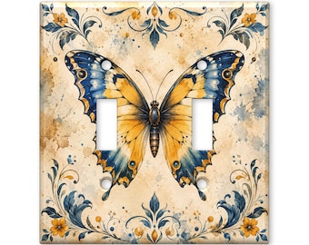 Blue Yellow Butterfly Switch Plate Cover, Vintage Botanical Light Switch Cover, Cottagecore Wall Plate, Nature Home Decor