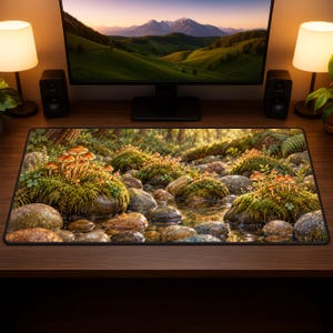 Woodland Mushroom Moss Stream Desk Mat Mouse Pad with Golden Forest Light and Peaceful Rocky Creek