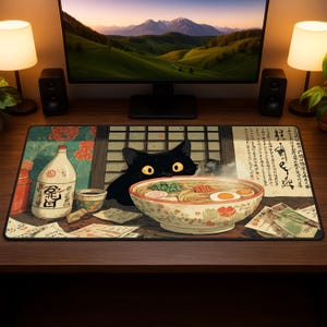 May include: A black cat peeks over a bowl of ramen on a desk mat. The mat features a Japanese-style illustration with a bottle, small cups, and text. The ramen bowl is filled with noodles, eggs, and other ingredients.