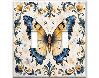 Blue Gold Butterfly Switch Plate Cover, Vintage Butterfly Light Switch Cover, Botanical Cottage Wall Plate, Farmhouse Home Decor