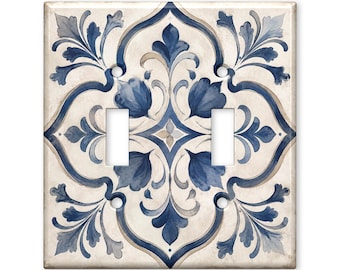 Mediterranean Floral Ceramic Tile Style Double Light Switch Cover, Vintage Ornamental Wall Plate, Elegant Home Decor