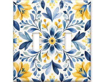 Blue and Yellow Floral Light Switch Cover, Scandinavian Folk Art Switch Plate, Watercolor Botanical Wall Plate, Modern Farmhouse Decor