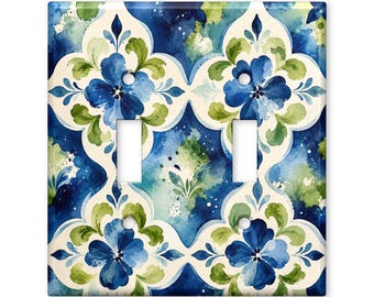 Blue Floral Tile Light Switch Cover, Watercolor Mediterranean Switch Plate Cover, Spanish Tile Wall Plate, Cottage Kitchen Decor