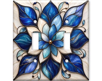 Blue Stained Glass Floral Light Switch Cover, Elegant Flower Switch Plate Cover, Art Nouveau Wall Plate, Botanical Home Decor