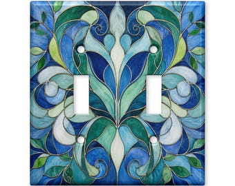 Blue Green Art Nouveau Light Switch Cover, Stained Glass Botanical Switch Plate Cover, Elegant Wall Plate Home Decor
