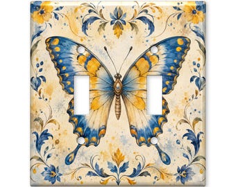 Blue Yellow Butterfly Switch Plate Cover, Vintage Butterfly Light Switch Cover, Botanical Cottage Wall Plate, Farmhouse Home Decor