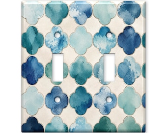 Blue Moroccan Tile Switch Plate Cover, Watercolor Geometric Light Switch Cover, Coastal Bathroom Wall Plate, Boho Home Decor