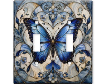 Blue Butterfly Light Switch Cover, Art Nouveau Butterfly Switch Plate Cover, Stained Glass Botanical Wall Plate, Elegant Nature Decor