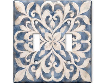 Blue Farmhouse Damask Light Switch Cover, Vintage Scroll Switch Plate Cover, Rustic French Country Wall Plate Home Decor