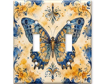 Blue Gold Butterfly Switch Plate Cover, Vintage Floral Light Switch Cover, Cottagecore Wall Plate, Nature Home Decor