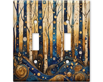 Blue Gold Forest Switch Plate Cover, Abstract Woodland Light Switch Cover, Modern Tree Wall Plate, Nature Home Decor