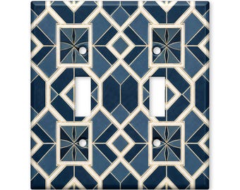 Art Deco Light Switch Cover, Blue Geometric Switch Plate, Modern Glam Wall Plate, Gold Line Home Decor