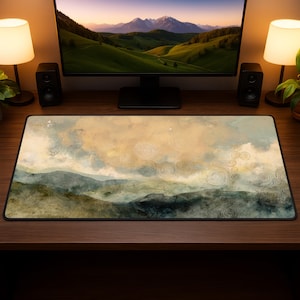 Puede incluir: Una alfombrilla de escritorio rectangular con un diseño de paisaje que representa montañas, nubes y patrones circulares. La paleta de colores incluye tonos de verde, marrón y beige. La alfombrilla está colocada sobre un escritorio de madera, con un monitor de ordenador, altavoces y lámparas en el fondo.