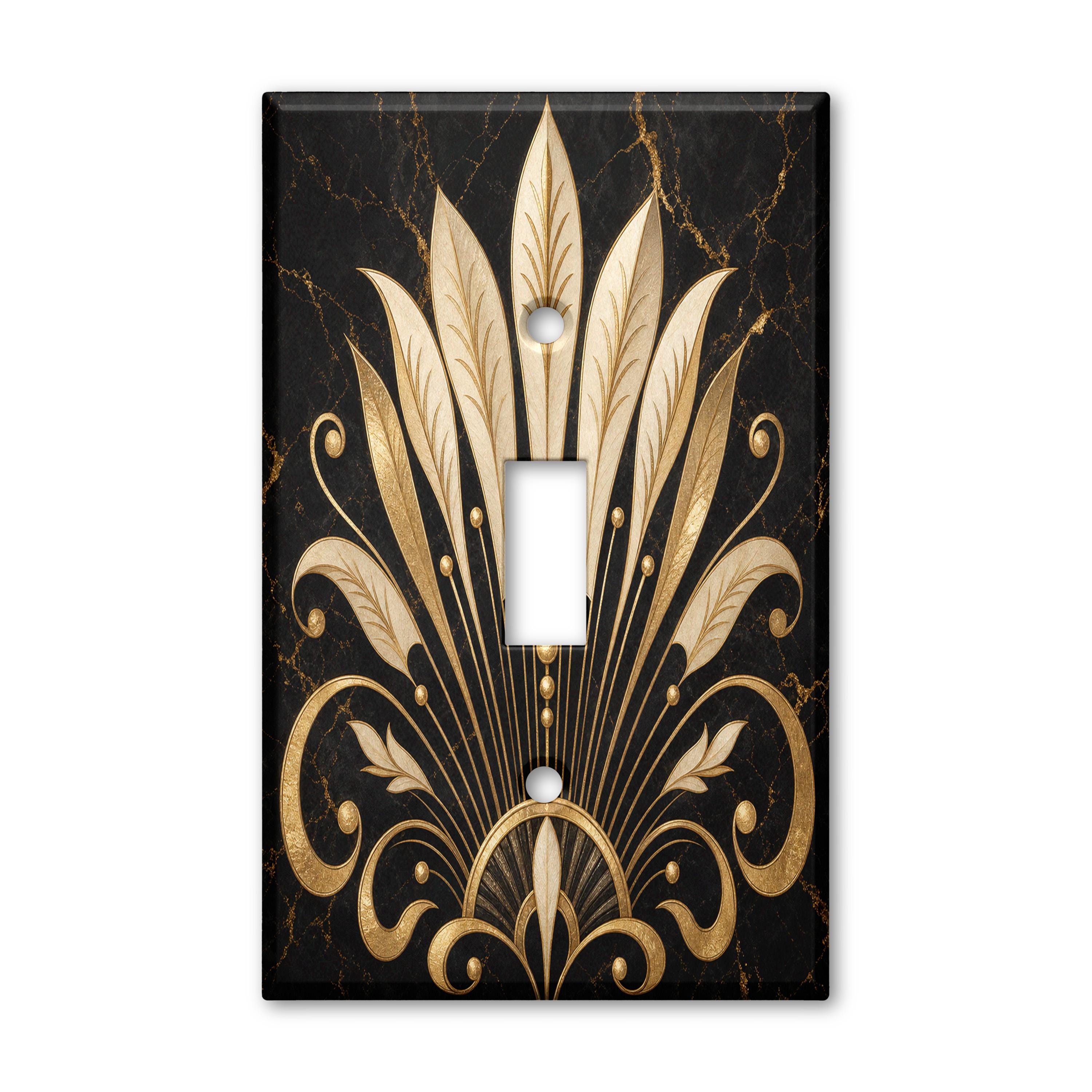 Black Gold Cream Layered Leaf Fan Light Switch Plate Cover Botanical Toggle