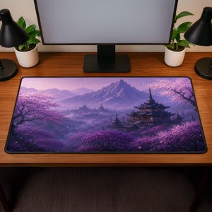 Può includere: Un tappetino da scrivania rettangolare con un'illustrazione paesaggistica stampata di una pagoda tradizionale immersa tra alberi di ciliegio in fiore viola, con montagne nebbiose sullo sfondo, il tutto in una vivace tavolozza di colori viola e rosa.