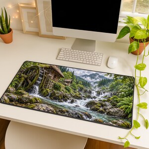 Japanese Forest Watermill Stream Desk Mat Mouse Pad with Green Moss Stones and Peaceful Woodland Falls