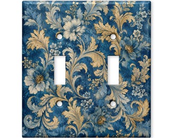 Blue Gold Floral Light Switch Cover, Vintage Botanical Switch Plate, Elegant Baroque Wall Plate, Cottagecore Home Decor
