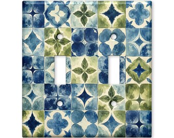 Mediterranean Tile Pattern Double Light Switch Cover Coastal Ceramic Inspired Decorative Wall Plate Home Decor
