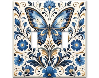Blue Butterfly Light Switch Cover, Butterfly Floral Switch Plate Cover, Cottagecore Wall Plate, Botanical Nature Home Decor