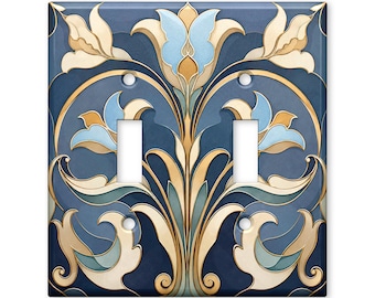Art Nouveau Light Switch Cover, Blue Gold Floral Switch Plate, Elegant Vintage Wall Plate, Luxury Home Decor