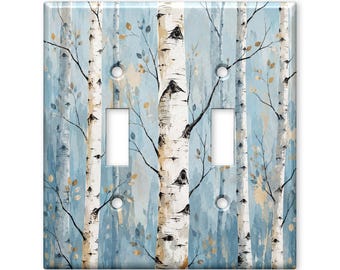 Watercolor Birch Forest Light Switch Cover, Rustic Woodland Switch Plate, Blue Nature Wall Plate, Cabin Cottage Home Decor