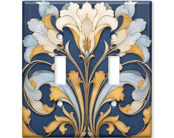 Art Nouveau Light Switch Cover, Blue Gold Floral Switch Plate, Elegant Vintage Wall Plate, Luxury Home Decor