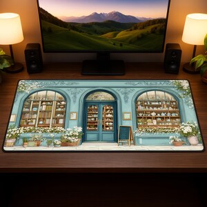 May include: A rectangular mousepad featuring a detailed illustration of a quaint shop with blue doors and windows. The shop is filled with books and decorative items, with flower boxes along the bottom. The background shows a computer monitor displaying a landscape.