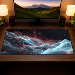 May include: A large rectangular mouse pad with a dark background and a digital art design. The design features flowing white and blue lines with red and blue dots, creating a futuristic, abstract landscape. The mouse pad is on a wooden desk.