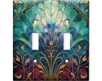Art Deco Peacock Fan Light Switch Cover, Emerald Blue Gold Switch Plate Cover, Vintage Nouveau Wall Plate, Elegant Home Decor