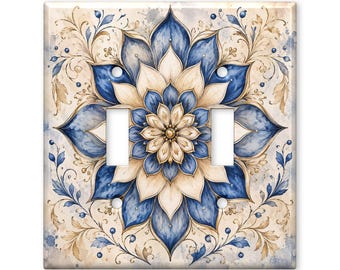 Blue Gold Floral Mandala Light Switch Cover, Elegant Watercolor Lotus Switch Plate, Boho Botanical Wall Plate Home Decor